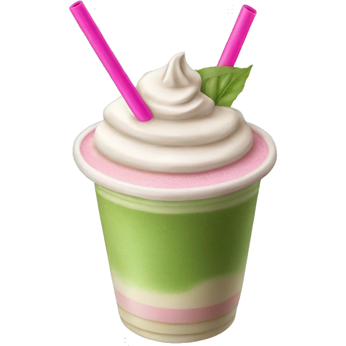 Matcha latte with ice and a pink straw emoji