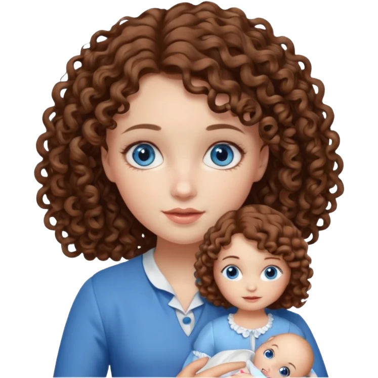 Una niña con ojos celestes y pelo rizado con piel blanca y con una muñeca  emoji
