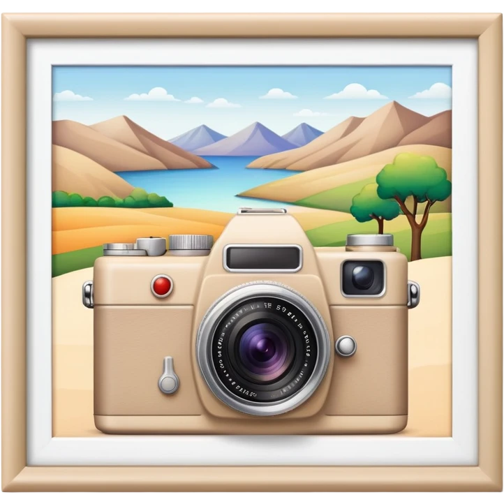A beige camera and next to it a landscape photograph of the frame behind the camera emoji