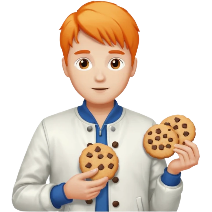 A guy with orange and white hair white jacket and holding cookies emoji