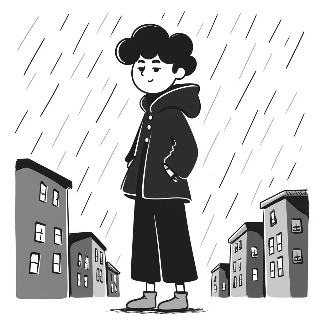 Anime boy protagonist standing in pouring rain, dramatic anime scene emoji