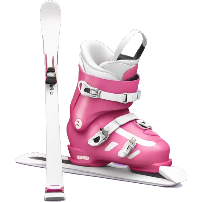 Pink ski boots and white standing skis behind boots emoji