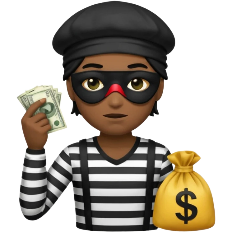 a short ios emoji-style portrait of a classic burglar, a black eye mask (looks like a blindfold) and a black-and-white striped shirt. emoji-like hair, black hat, ONE bag of money 💰 with a dollar sign in a right corner, evil expression WITHOUT a hand  emoji