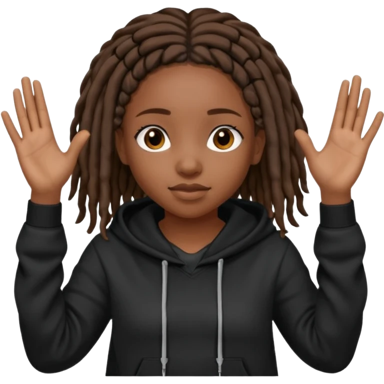 African American girl dark skin complextion a l with short brown dreadlock braids wearing plain black hoodie with hands raised emoji