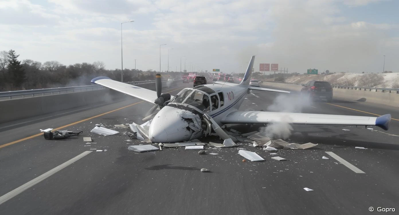 Realistic camshot of a plane crash on highway, captured by gopro hero]\ emoji