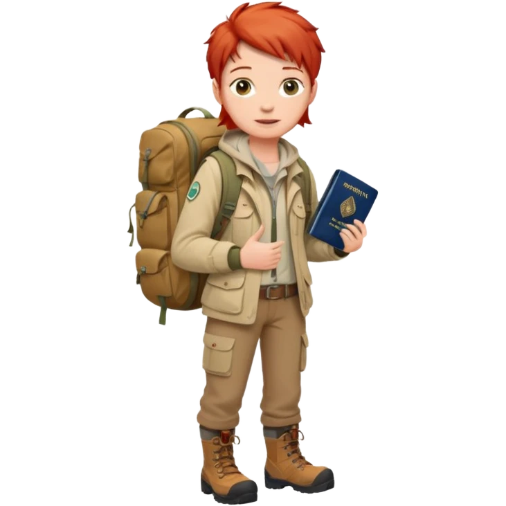 red haired Traveler character with passport, backpacker,  emoji