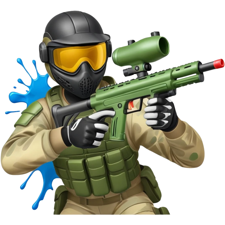 A paintball player in full gear, aiming a paintball gun with focus and determination. The scene includes vibrant splashes of paint and a dynamic battlefield setting, emphasizing action, strategy, and teamwork in a competitive environment emoji