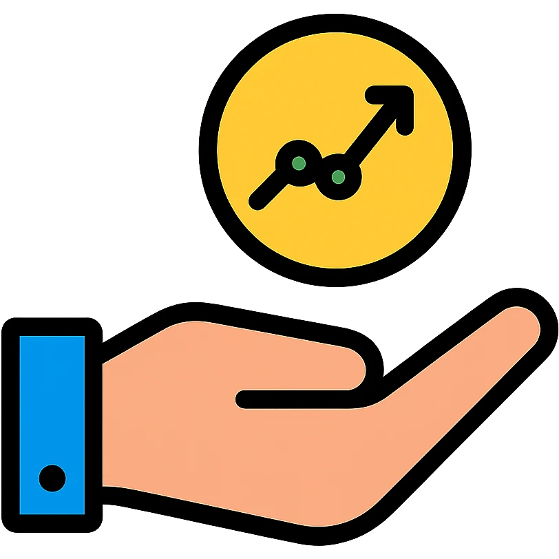 color outline icon of investment, a hand holding a coin or graph emoji