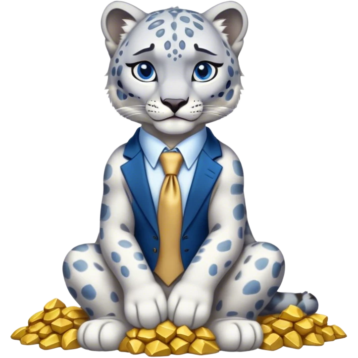 muscular snow leopard in suit with blue tie sitting on pile of gold nuggets emoji