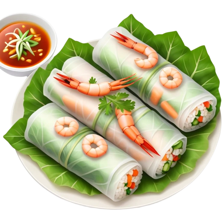 cinematic-realistic-vietnamese-summer-rolls-dish-emoji,-depicted-with-delicate-rice-paper-wraps-filled-with-fresh-vegetables-and-shrimp-rendered-with-crisp-textures-and-refreshing-lighting. emoji