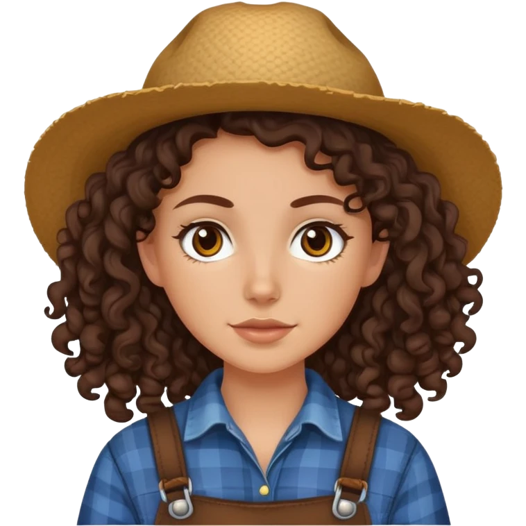 white girl with dark brown curly hair, brown eyes, wearing farm clothes emoji