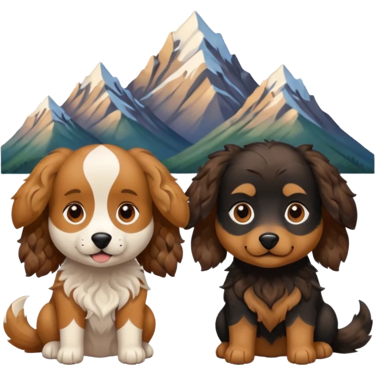 two dogs with wavy hair, one black and brown, one shades of brown with mountains emoji