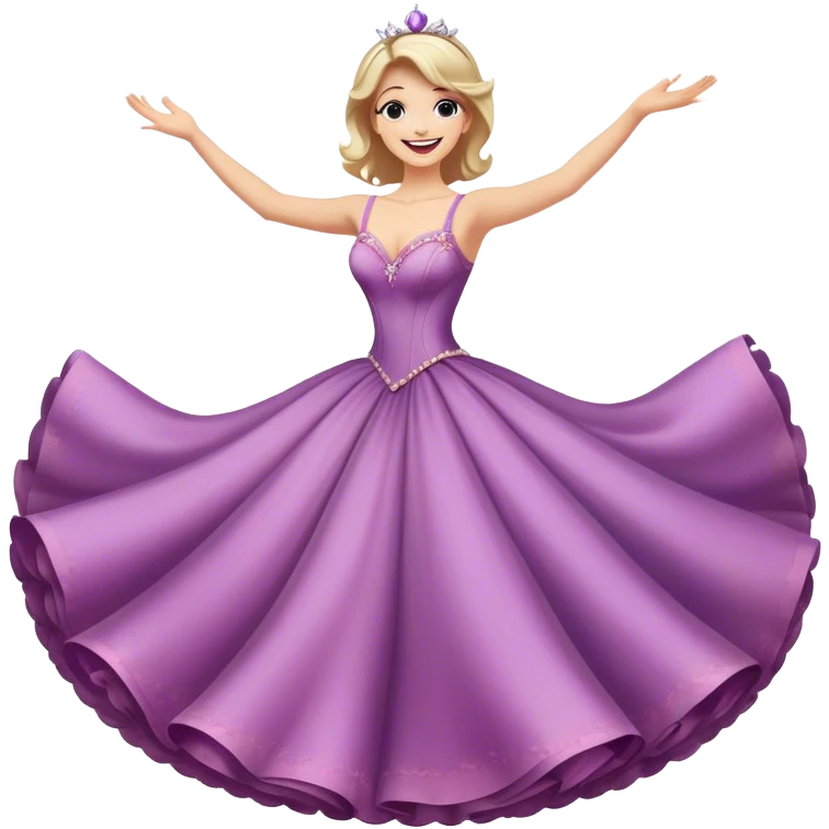 Cinematic Playful Belle Portrait Emoji, Spinning joyfully in her ball gown, arms outstretched, a radiant smile lighting up her face, exuding an enchanting blend of fun and elegance! emoji