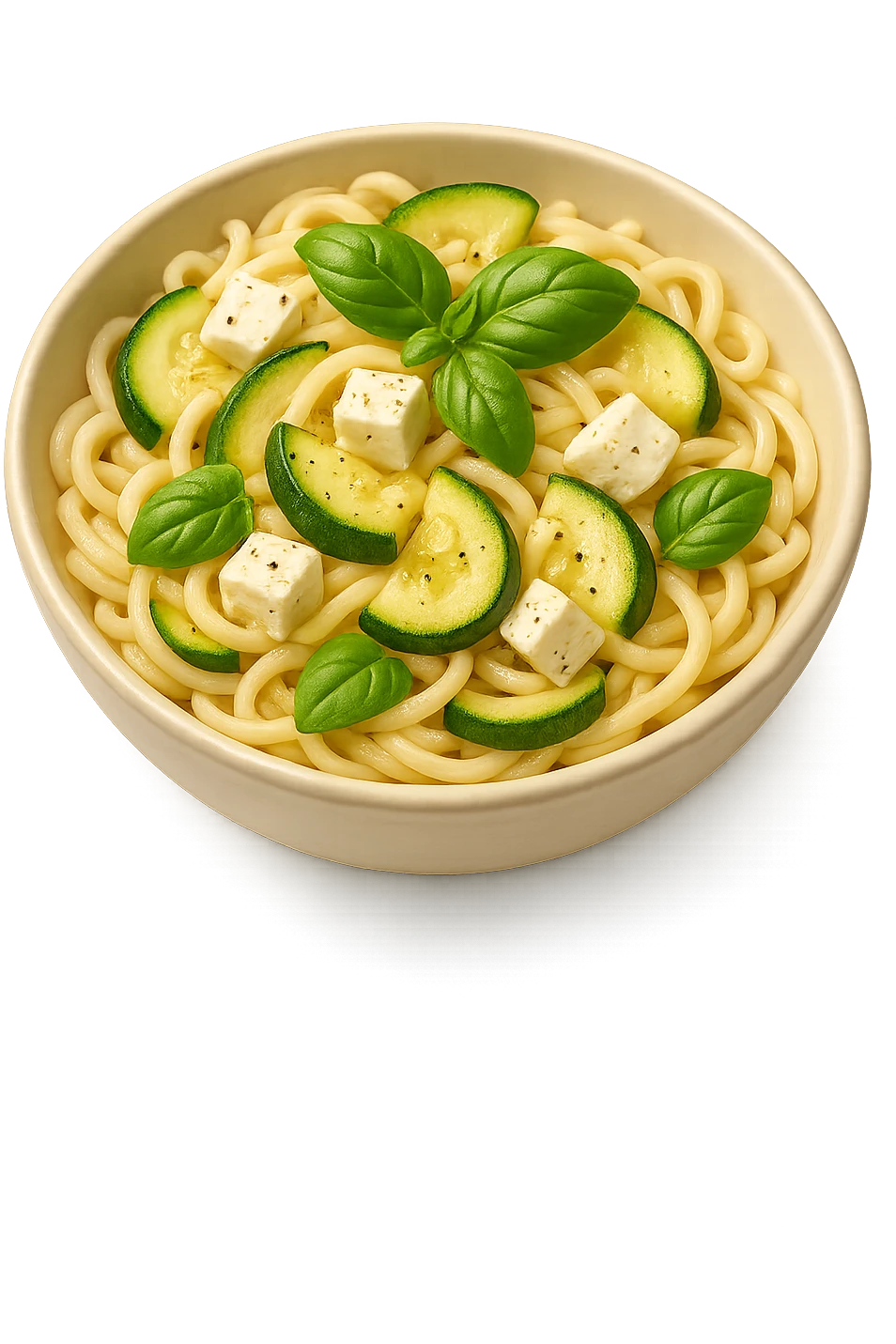 EMOJI STILE IPHONE DI bowl di Pasta di riso con zucchine, basilico e feta, iperrealistica 4k emoji