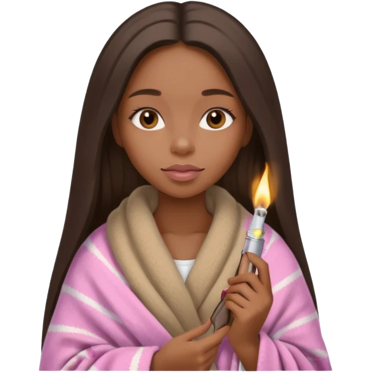 Curvy, light brown long hair, pretty black girl light pink lipgloss wrapped in blanket holding a lighter and blunt emoji