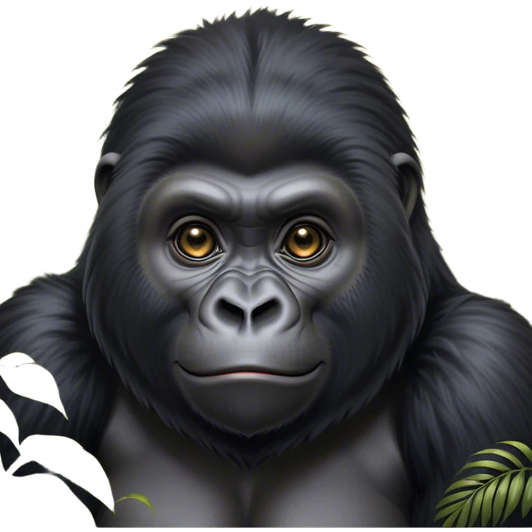 Cinematic Cute mountain Gorilla Portrait Emoji, Head tilted playfully and inquisitively, with a robust build accented by a striking black and grey mane and round, sparkling eyes full of gentle charm, Simplified yet irresistibly adorable features, highly detailed, glowing with a warm, friendly jungle glow, high shine, affectionate and lively, stylized with a touch of endearing primate whimsy, soft glowing outline, capturing the essence of a mischievous yet loving mountain that feels like it could lumber out of the screen into your arms! emoji
