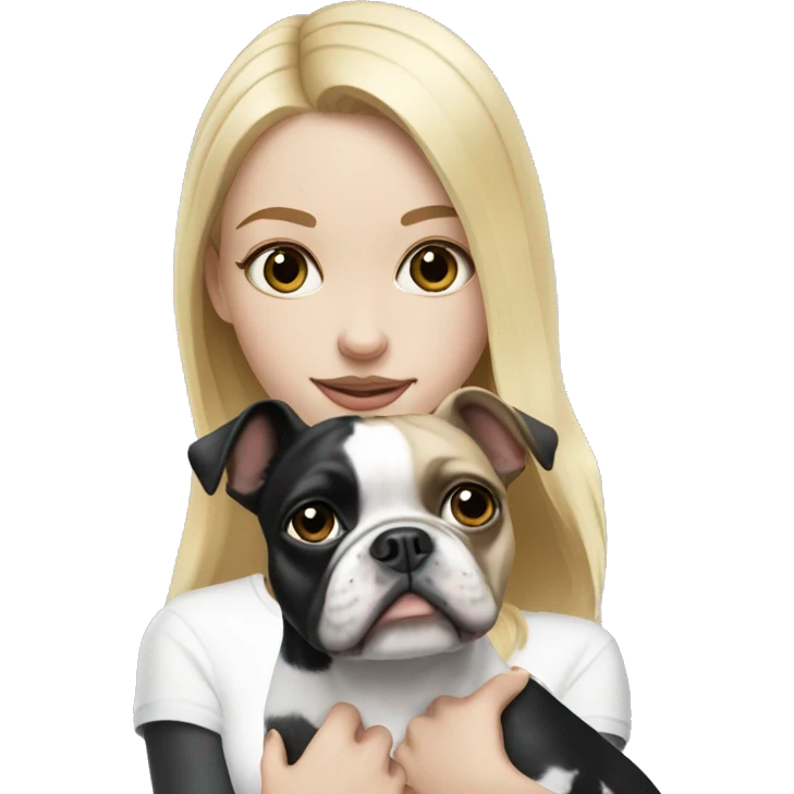 Blonde girl with blue eye holding black and white boston terrier emoji