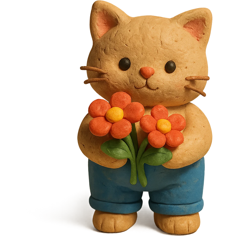 a chubby kitten dressed in pants and holding flowers emoji
