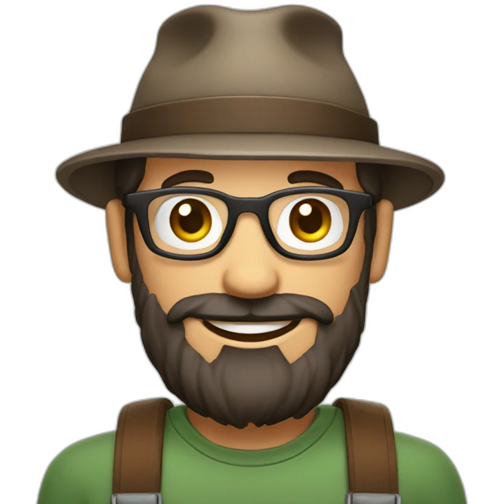 happy smile gardener face long dark beard and very short dark hair round glasses brown eyes and a hat emoji