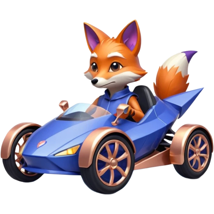dark crystal blueberry and rosegold-accented cyber faceted-body electric racing car driven by a small cute alien relaxed fox with rear spoiler, roll bar, and wheely bar emoji