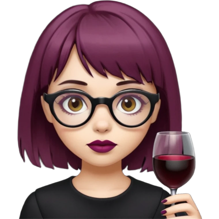 Emoji girl that has mid length brown shaggy cut hair with baby bangs, has hazel eyes and wears half transparent glasses, she is goth and wears wine colored lipstick emoji
