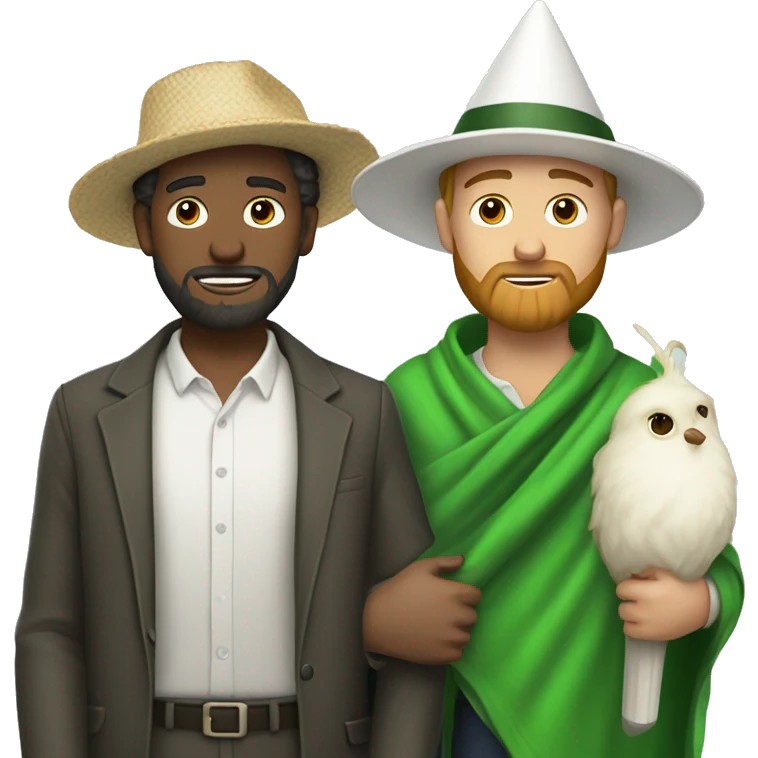 A single Guy with a green blanket, a white barbe with a butterfly catcher and a white cone-shaped hat emoji