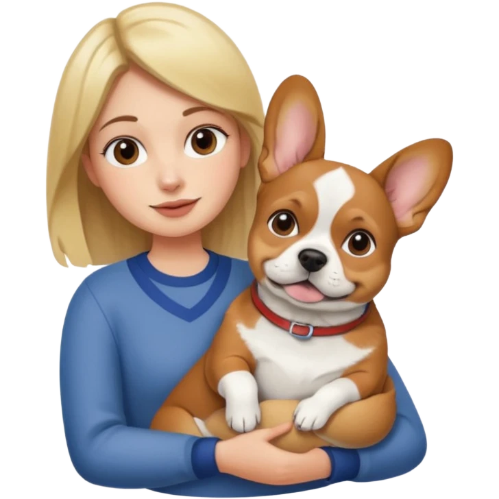 girl with corgi in her arms next to guy with french bulldog in his arms emoji