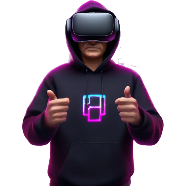 Putin wearing a black hoodie with "OMG" letters on it and VR headset oculus quest 2 in a cyberpunk VR environment with violet neon lighting. emoji