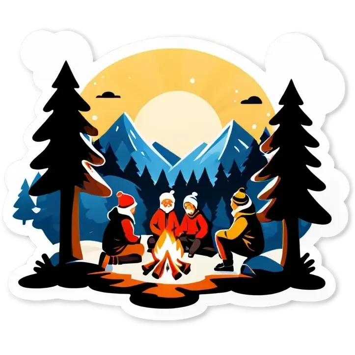 Drei Personen, Lagerfeuer in schneebedeckten Wald mit Nordlichtern am Himmel emoji