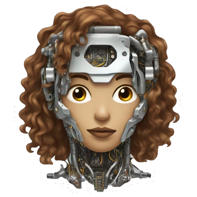 female cyborg head with metallic plated face, long brown curly hair and circuitry emoji