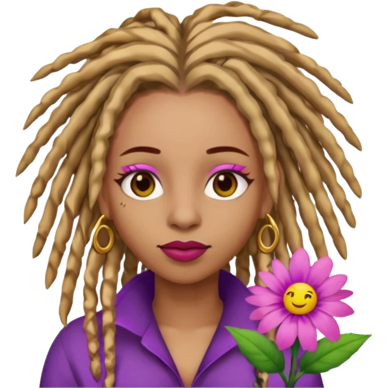 Gold dread locs pink emoji face purple flower in the hair red lipstick light brown face  just the face pink tips on end of locs  emoji