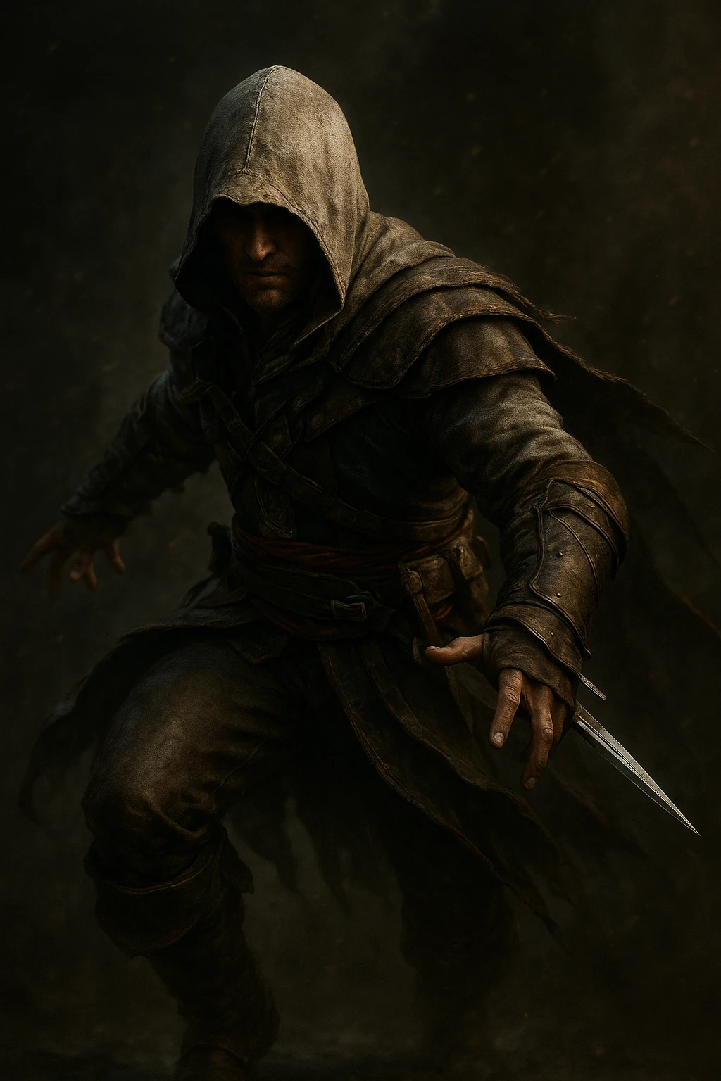 assassin's creed character in a dynamic pose, hooded, with hidden blade, detailed, moody style emoji