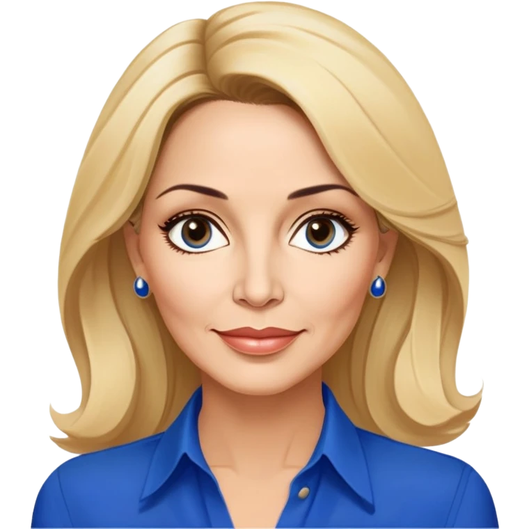 Linette Torres, 50-something Puerto Rican actress with fair complexion, beautiful mature facial features, bright expressive eyes, defined cheekbones with slight age lines, full lips with warm smile, blonde hair with sophisticated styling, wearing a stylish blue blouse emoji