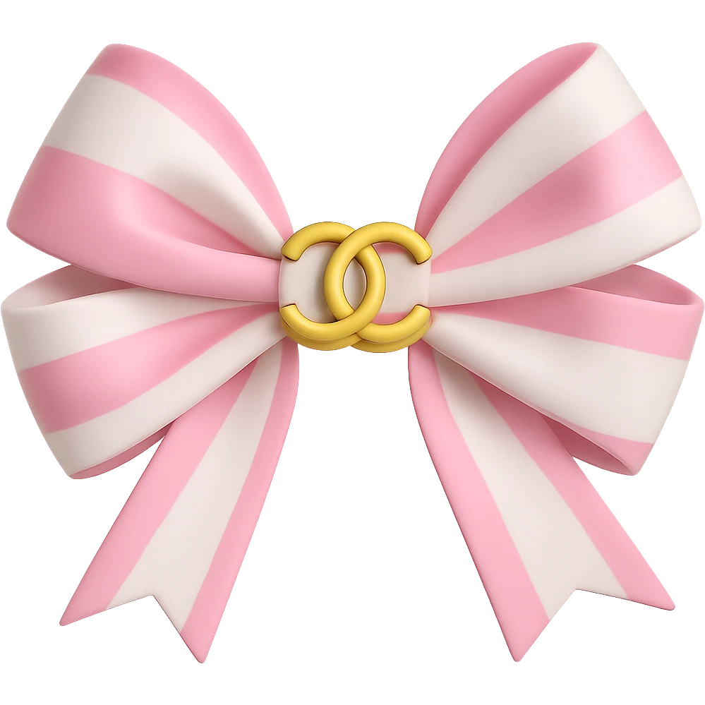 Change the bow to pink and white, keep the gold Chanel logo, shiny, elegant, 3D emoji style. Remove the background. emoji