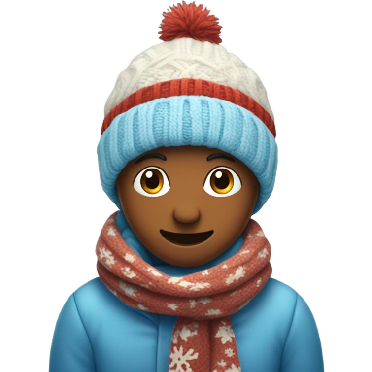 Generate a cozy winter-themed emoji face with a beanie, scarf, and snowflakes around it. Use warm and cool tones like soft blues, whites, and reds. The style should feel comforting and seasonal. emoji