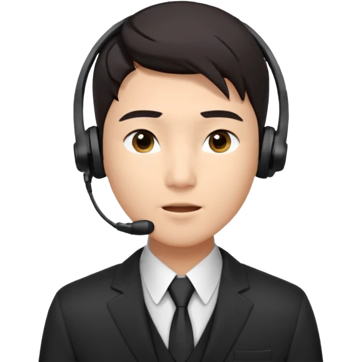 A young Asian man with smooth light skin, dark hair that swoops upward in the front, expressive eyes, a clean-shaven face, and a call-center style headset over one ear, usually paired with a crisp shirt and suit jacket visible from the chest up. emoji