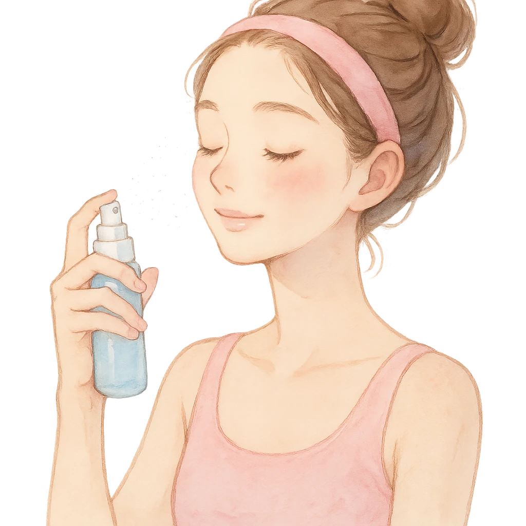 girl using face mist, gentle expression, soft pastel colors, beauty theme, skincare emoji