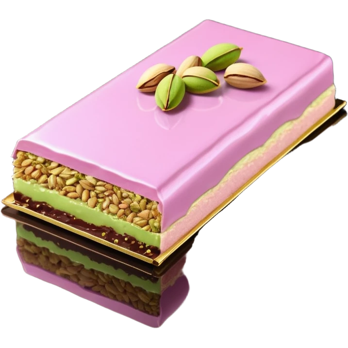 chocolate partially wrapped in elegant pastel pink foil, the top half broken to reveal rich pistachio cream and crispy kataifi strands inside, glossy chocolate surface, detailed texture emoji