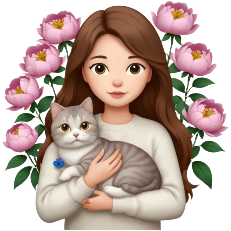 pretty woman a long hair brown color Wear a white sweater holding a British shorthair fat cat fluffy golden in a peony emoji