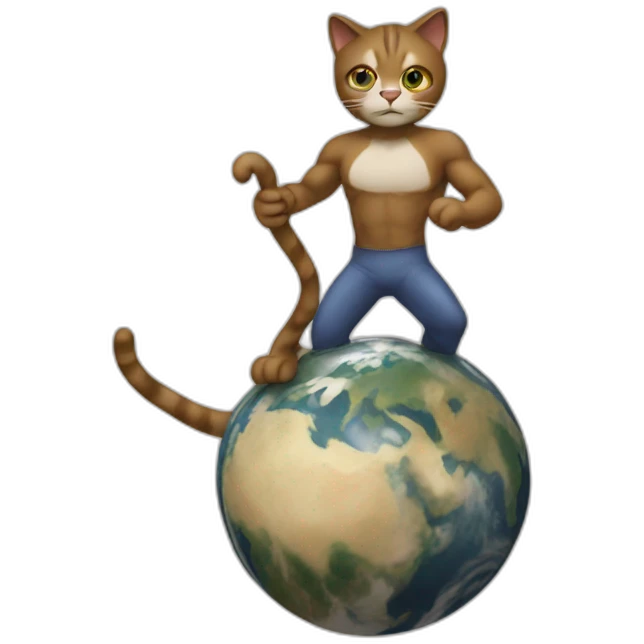 high definition, a cat man uses a leverage to lift the Earth emoji