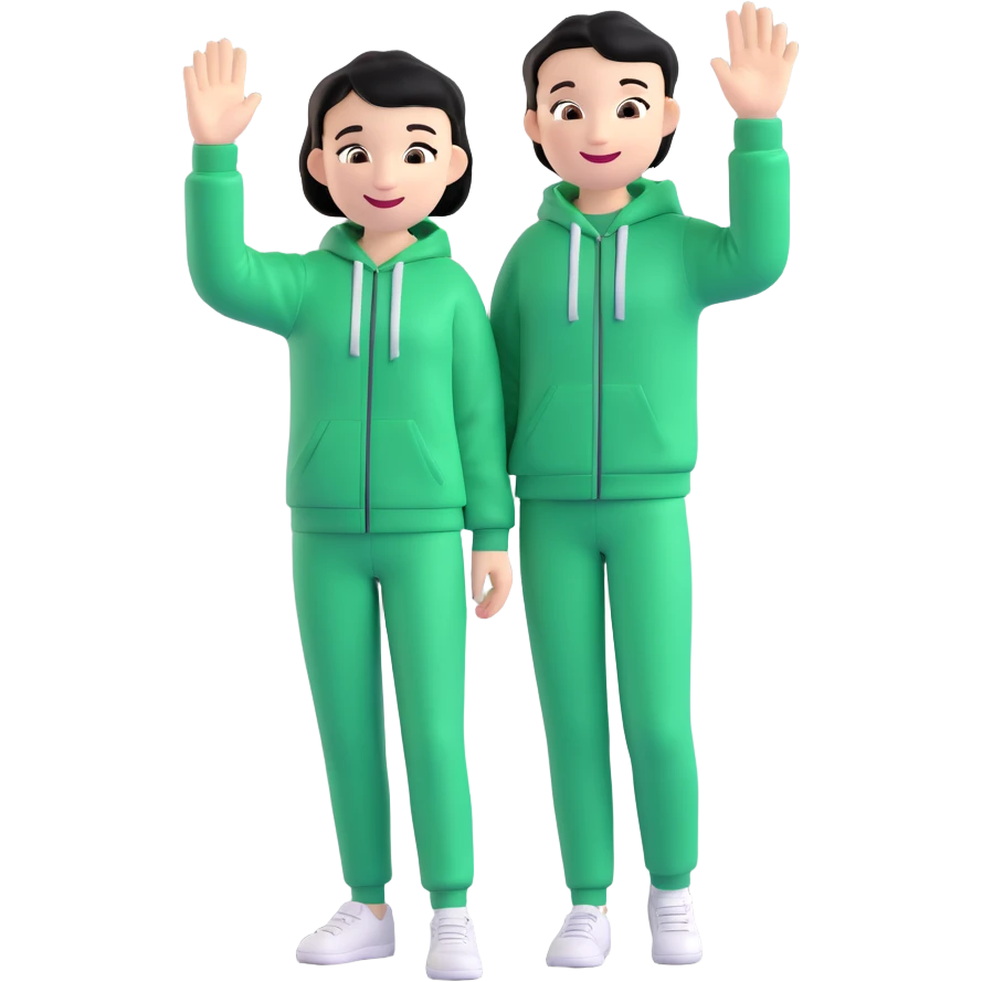 main character from Squid Game wearing green tracksuit, short black hair, smiling, waving hand emoji