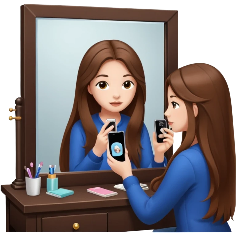 Girl sitting at vanity taking out picture with iphone 15 plus in the mirror and study materials on the vanity emoji