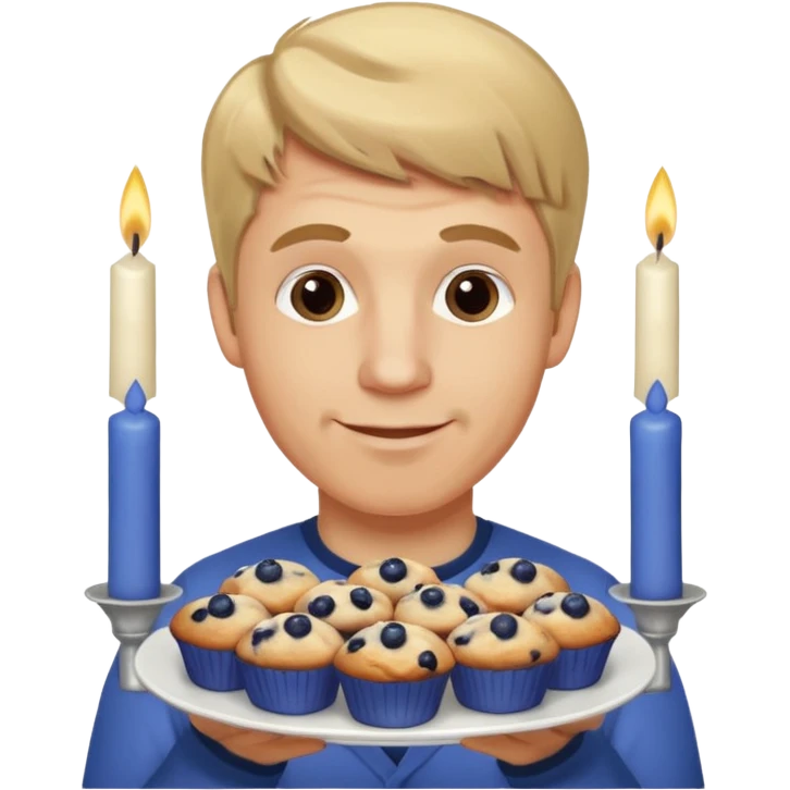 It is my friend virginias birthday. Create emoji with me saying happy birthday Virginia while holding blueberry muffins with candles in them! I am a white man make the emoji with dirty blonde hair  emoji