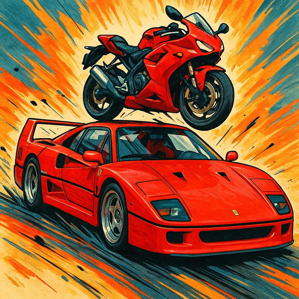 A stylized Ferrari F40 with a bright red motorcycle perched on top, energetic scene. emoji