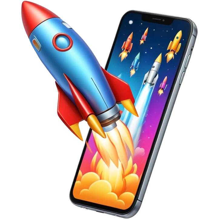 Smartphone with rocket boosters launching upward emoji