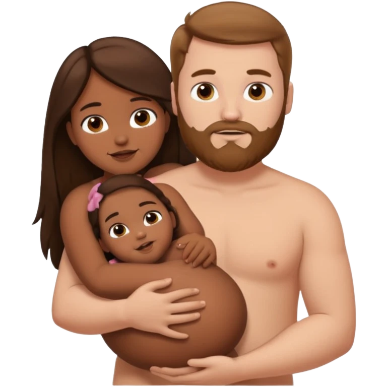 chubby white guy with brown hair and beard, holding a brown girl with long dark hair in arms, naked, showing tits and pussy emoji