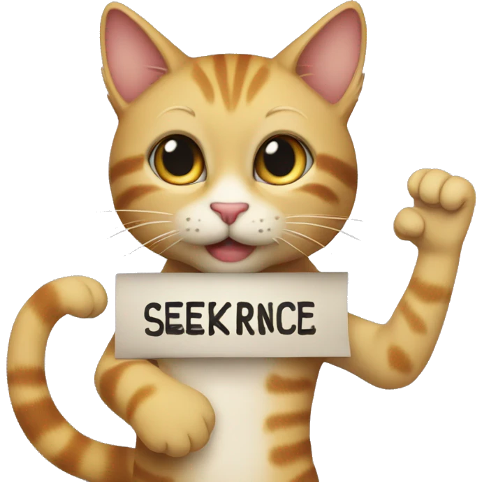 A cute cat holding a sign above its head that says "Seeker Alliance." emoji