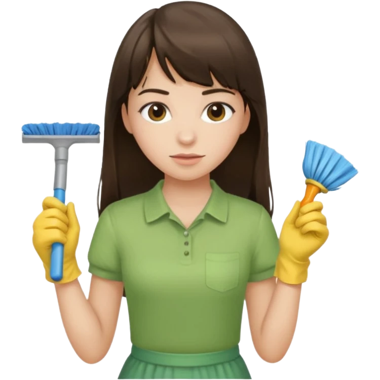 girl brunette with bangs long hair cleaning light green shirt emoji
