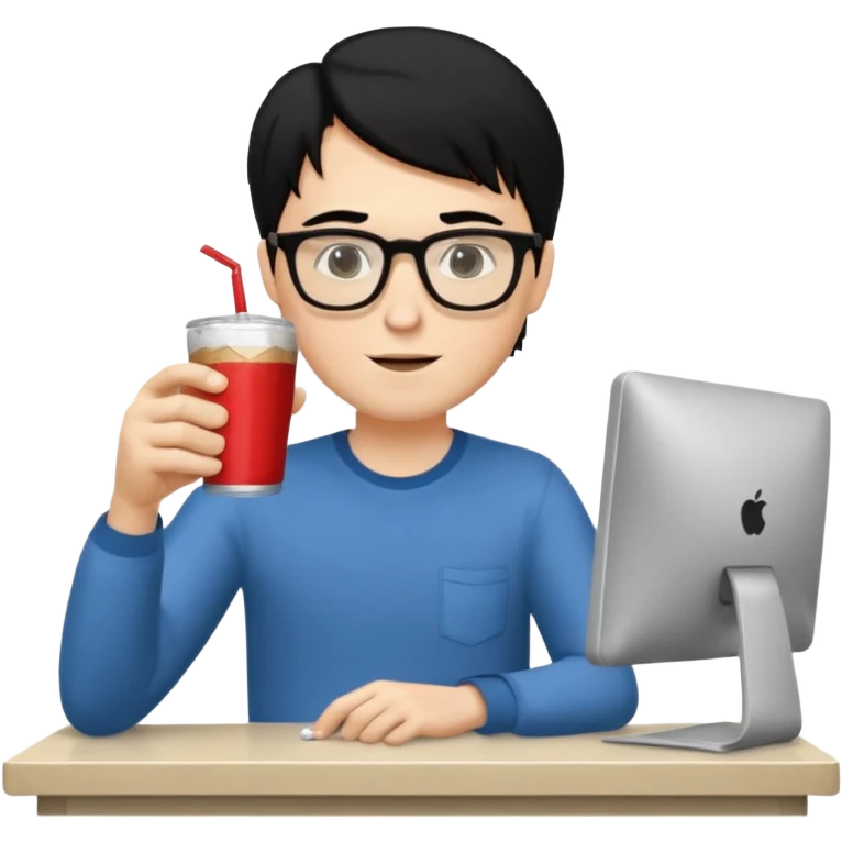 Hombre blanco con gafas, pelo negro tomando un refresco frente a un ordenador con ropa de sport, se ve en la pantalla del ordenador una mujer rubia tomando café emoji