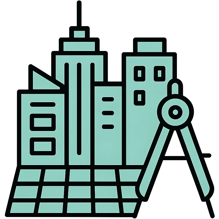Modern city skyline with blueprint grid and a compass, fluid lines, dimensional techy style, black outlines with mint green #B5F4D3 fills emoji